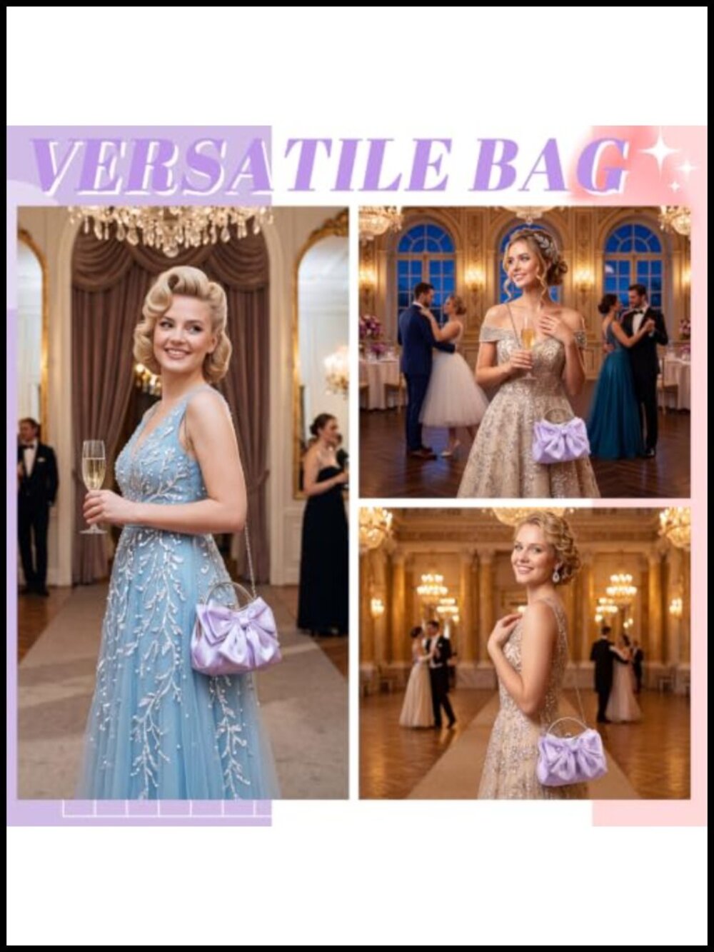 Satin Bow Clutch Purse with Kiss Lock Closure and Chain Strap - Picture 5 of 6